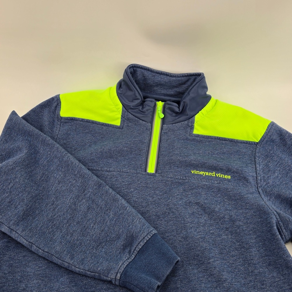 Vineyard Vines Quarter Zip Sweatshirt Mens Ripstop Shoulder Blue Neon Yellow M